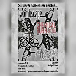 Sukiko esittää: Wombscape (JAP), Chemical Burn, Off the Grid ja Nikama – Alakulttuuritalo Kramsu, Jyväskylä