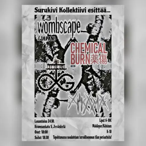 Sukiko esittää: Wombscape (JAP), Chemical Burn, Off the Grid ja Nikama – Alakulttuuritalo Kramsu, Jyväskylä