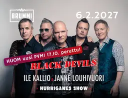 SIIRRETTY, UUSI pvm 6.2.2027 Black Devils feat. Ile Kallio & Janne Louhivuori | Hurriganes show 17.10.2026 PERUTTU – Kulttuurikuppila Brummi, Rauma