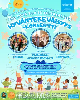 UNICEF Hyväntekeväisyyskonsertti: Eija Ahvo, Susanna Haavisto, Lastenmusiikkiorkesteri Loiskis & Gradian lapsikuoro Loistava – Siltasali, Jyväskylä