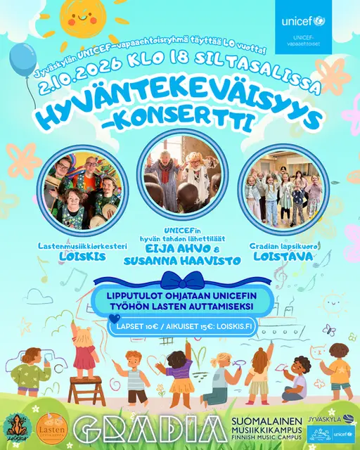UNICEF Hyväntekeväisyyskonsertti: Eija Ahvo, Susanna Haavisto, Lastenmusiikkiorkesteri Loiskis & Gradian lapsikuoro Loistava – Siltasali, Jyväskylä